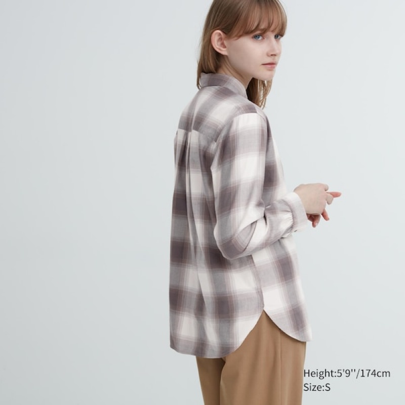 Uniqlo Soft Brushed Checked Long-Sleeve Skjorte Dame Grå | 1843-EVLIG