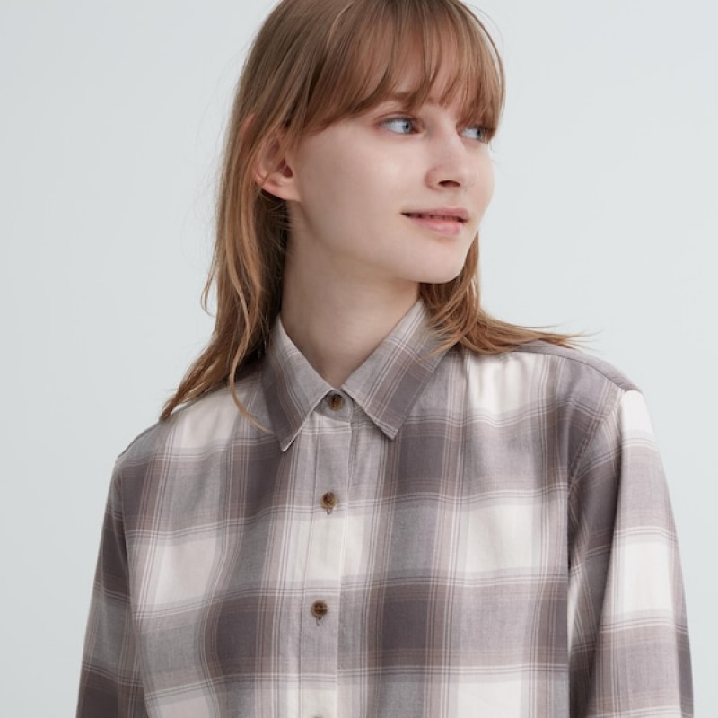 Uniqlo Soft Brushed Checked Long-Sleeve Skjorte Dame Grå | 1843-EVLIG