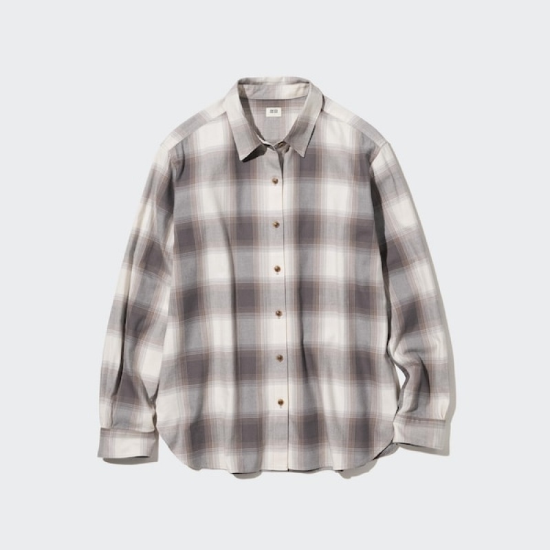 Uniqlo Soft Brushed Checked Long-Sleeve Skjorte Dame Grå | 1843-EVLIG