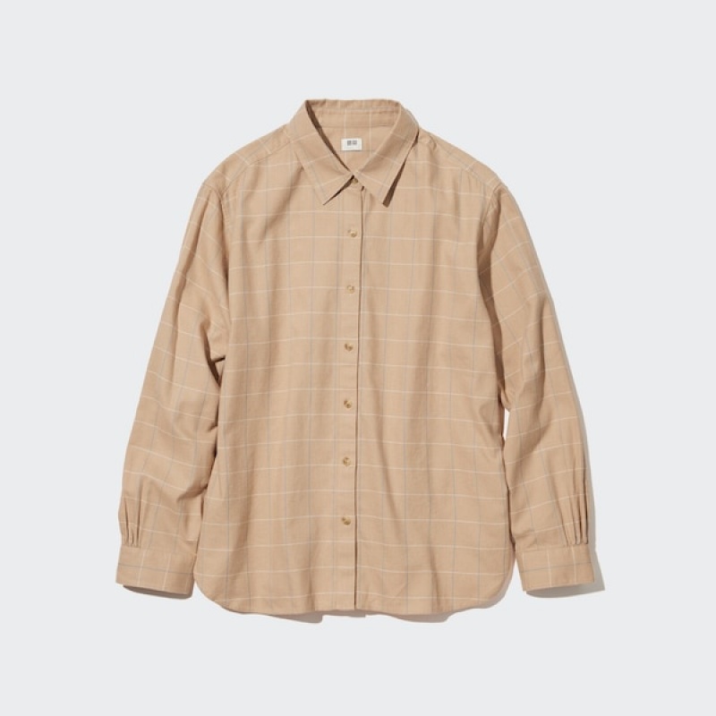 Uniqlo Soft Brushed Checked Long-Sleeve Skjorte Dame Beige | 0632-AZJBF