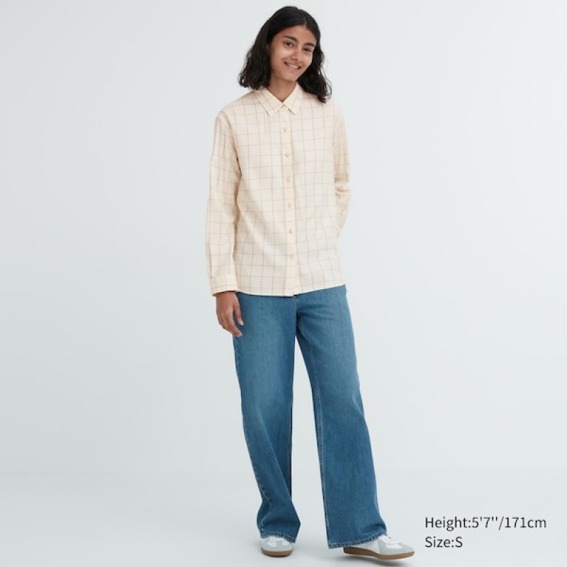 Uniqlo Soft Brushed Checked Long-Sleeve Skjorte Dame Hvide | 1563-MOVXE