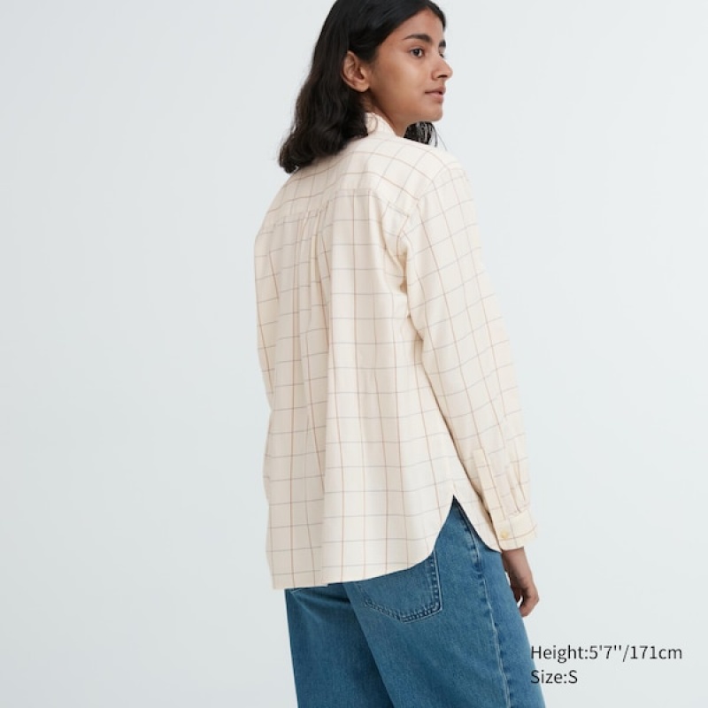 Uniqlo Soft Brushed Checked Long-Sleeve Skjorte Dame Hvide | 1563-MOVXE