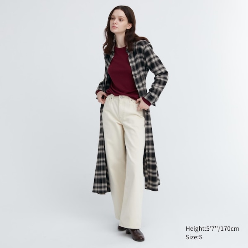 Uniqlo Soft Brushed Checked Long-Sleeve Shirt Kjole Dame Sort | 5697-JRBAQ