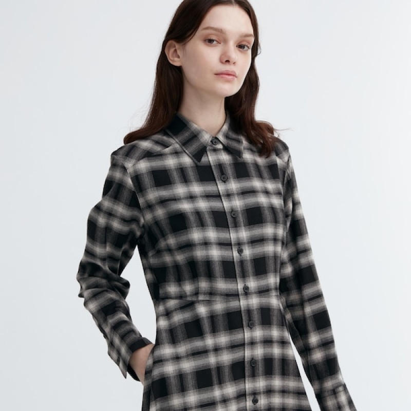 Uniqlo Soft Brushed Checked Long-Sleeve Shirt Kjole Dame Sort | 5697-JRBAQ