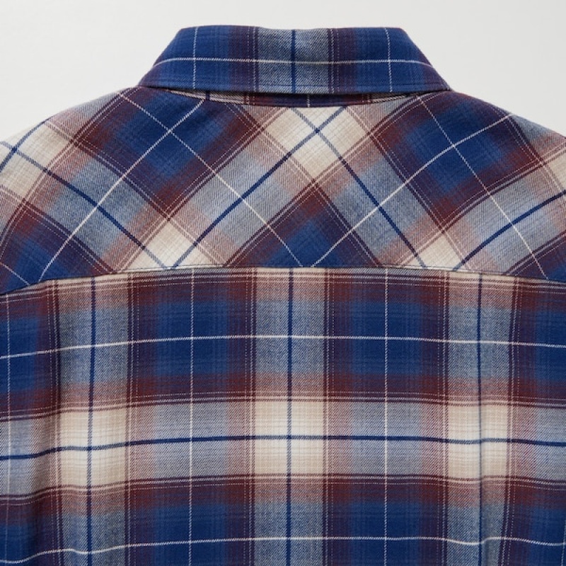 Uniqlo Soft Brushed Checked Long-Sleeve Shirt Kjole Dame Blå | 4197-DRAFK