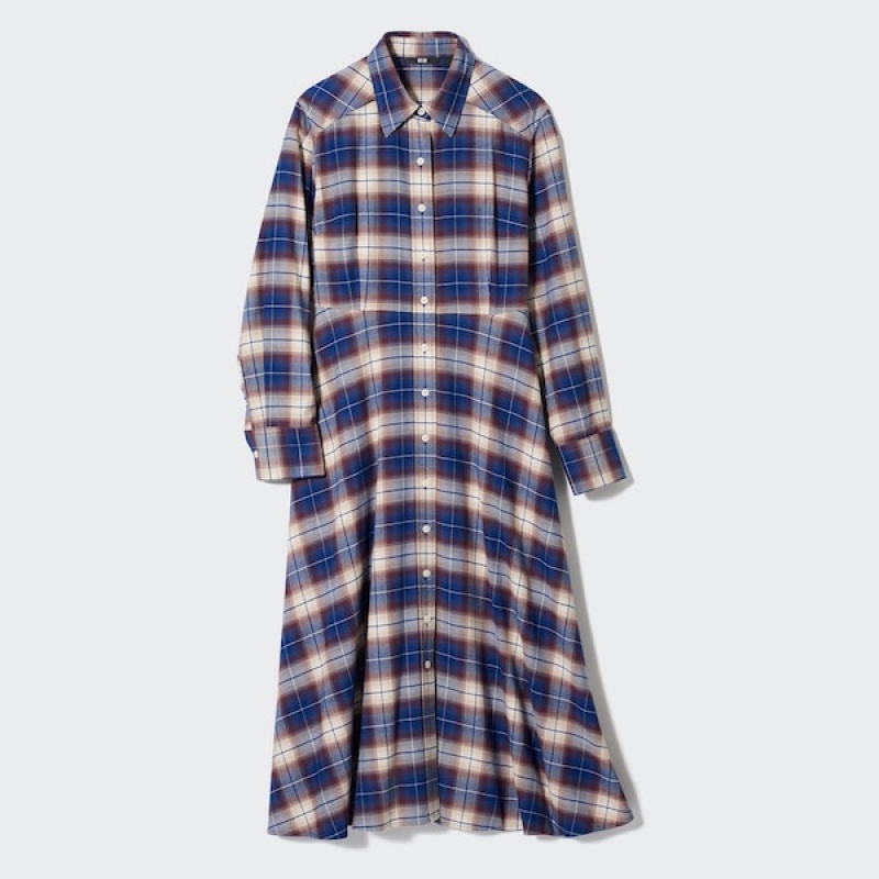 Uniqlo Soft Brushed Checked Long-Sleeve Shirt Kjole Dame Blå | 4197-DRAFK