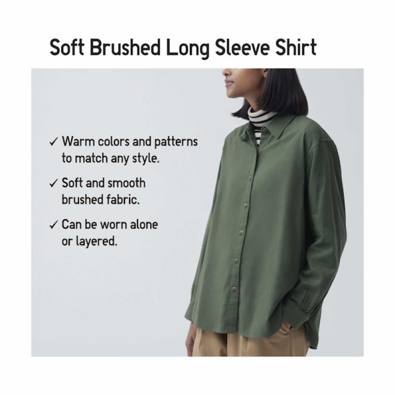 Uniqlo Soft Brushed Long-Sleeve Skjorte Dame Grøn | 0842-VGDCX