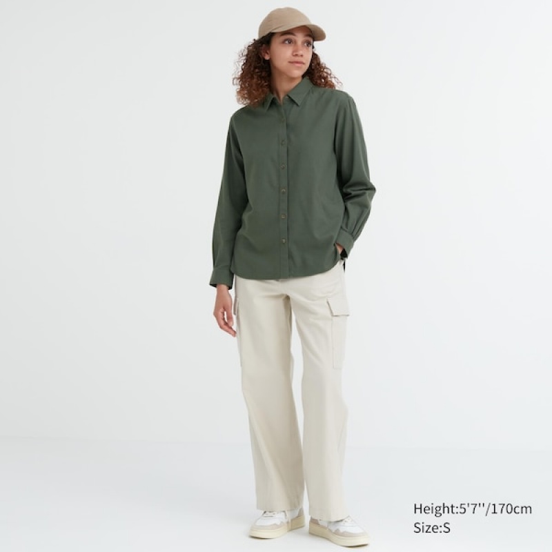 Uniqlo Soft Brushed Long-Sleeve Skjorte Dame Grøn | 0842-VGDCX