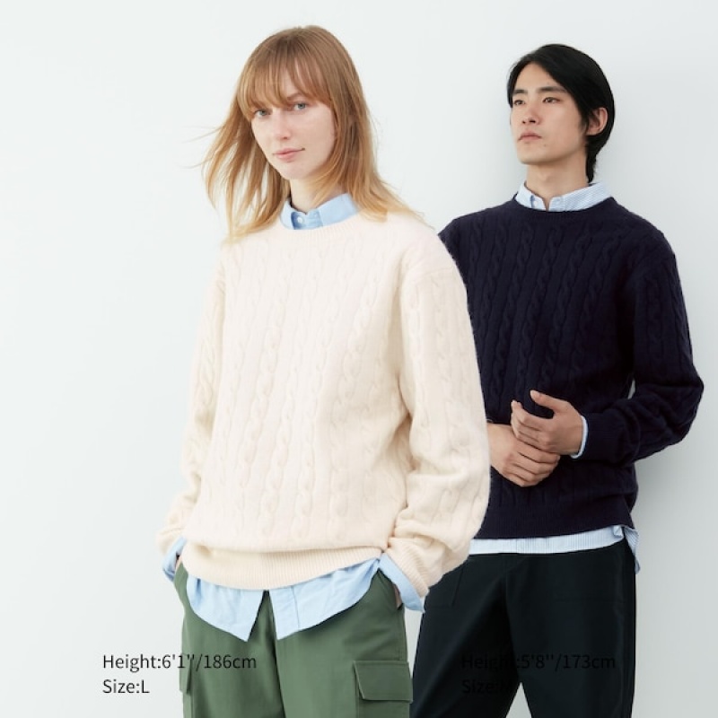 Uniqlo Souffle Yarn Cable Crew Neck Trøjer Herre Hvide | 5831-LBJPD