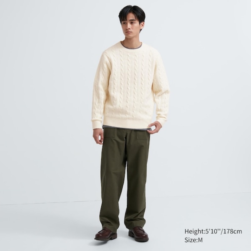 Uniqlo Souffle Yarn Cable Crew Neck Trøjer Herre Hvide | 5831-LBJPD