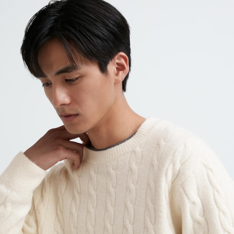 Uniqlo Souffle Yarn Cable Crew Neck Trøjer Herre Hvide | 5831-LBJPD