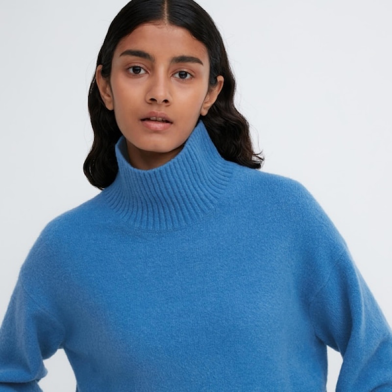 Uniqlo Souffle Yarn High Neck Long-Sleeve Trøjer Dame Blå | 0784-JTSRM