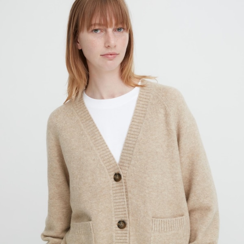 Uniqlo Souffle Yarn Kort Cardigan Dame Beige | 7492-ULVQX