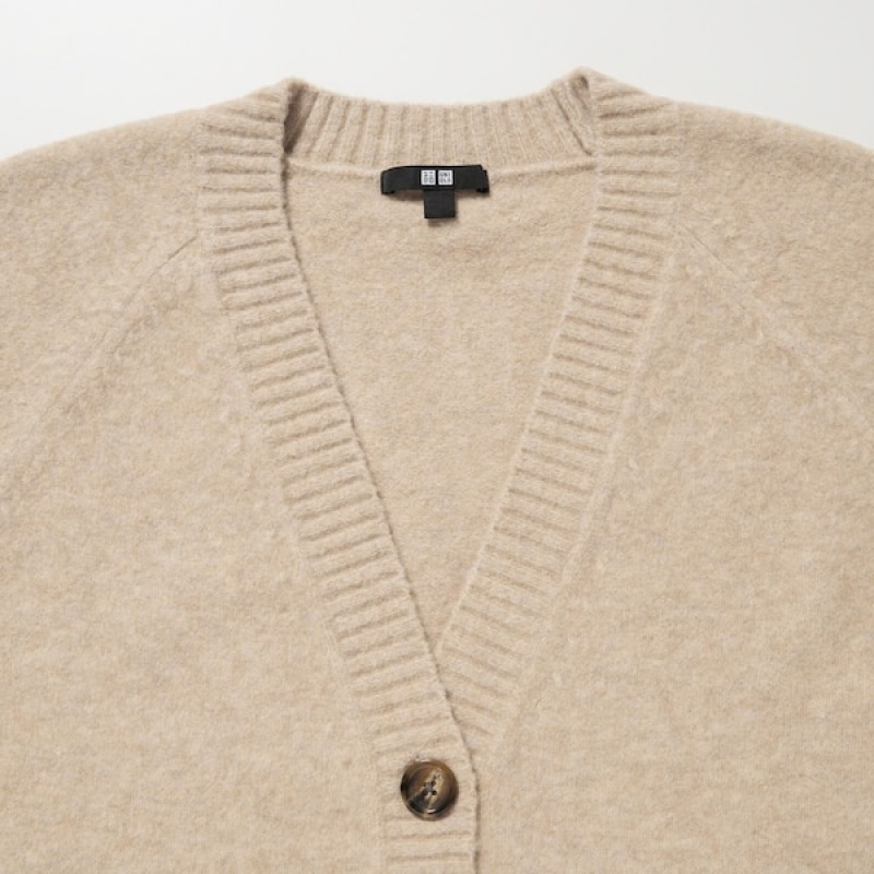 Uniqlo Souffle Yarn Kort Cardigan Dame Beige | 7492-ULVQX