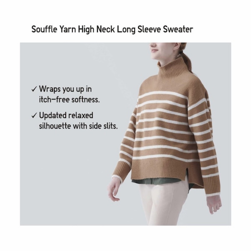 Uniqlo Souffle Yarn Stribet High Neck Long-Sleeve Trøjer Dame Beige | 0482-GASLN