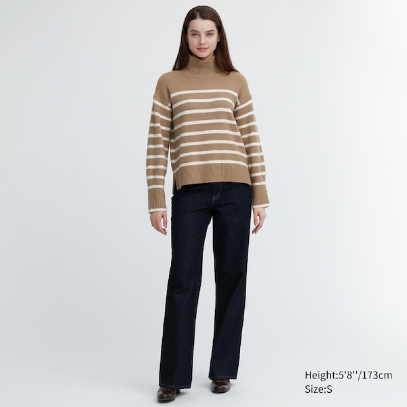 Uniqlo Souffle Yarn Stribet High Neck Long-Sleeve Trøjer Dame Beige | 0482-GASLN