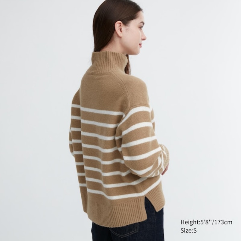 Uniqlo Souffle Yarn Stribet High Neck Long-Sleeve Trøjer Dame Beige | 0482-GASLN