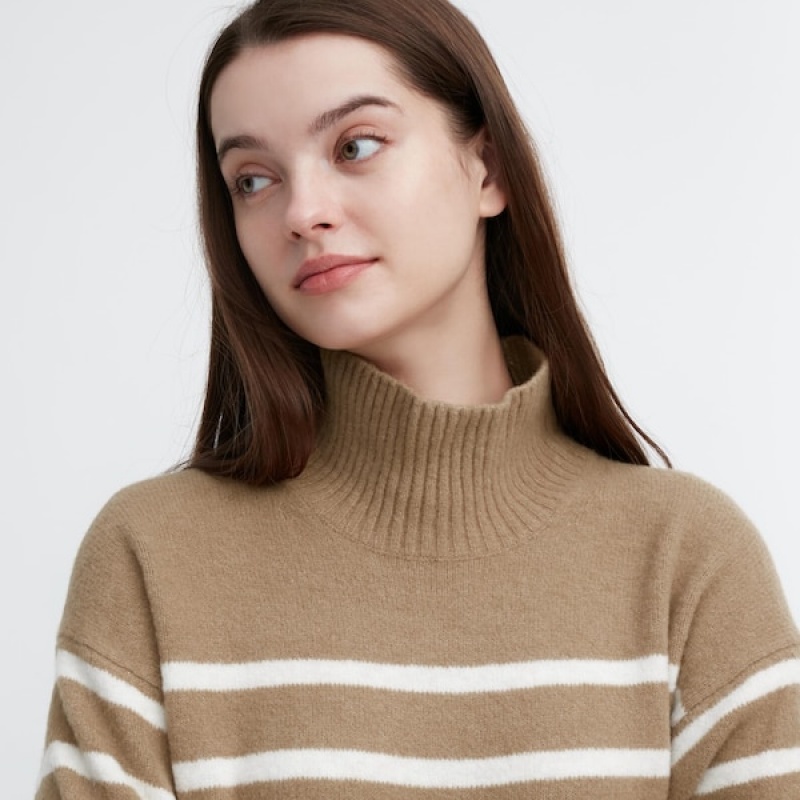 Uniqlo Souffle Yarn Stribet High Neck Long-Sleeve Trøjer Dame Beige | 0482-GASLN