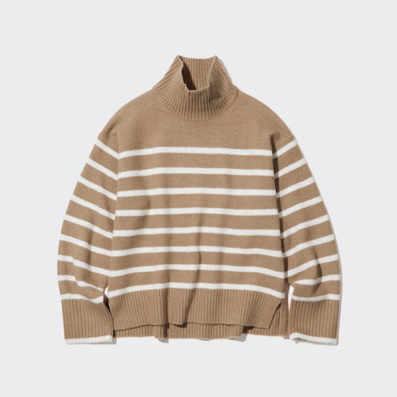 Uniqlo Souffle Yarn Stribet High Neck Long-Sleeve Trøjer Dame Beige | 0482-GASLN