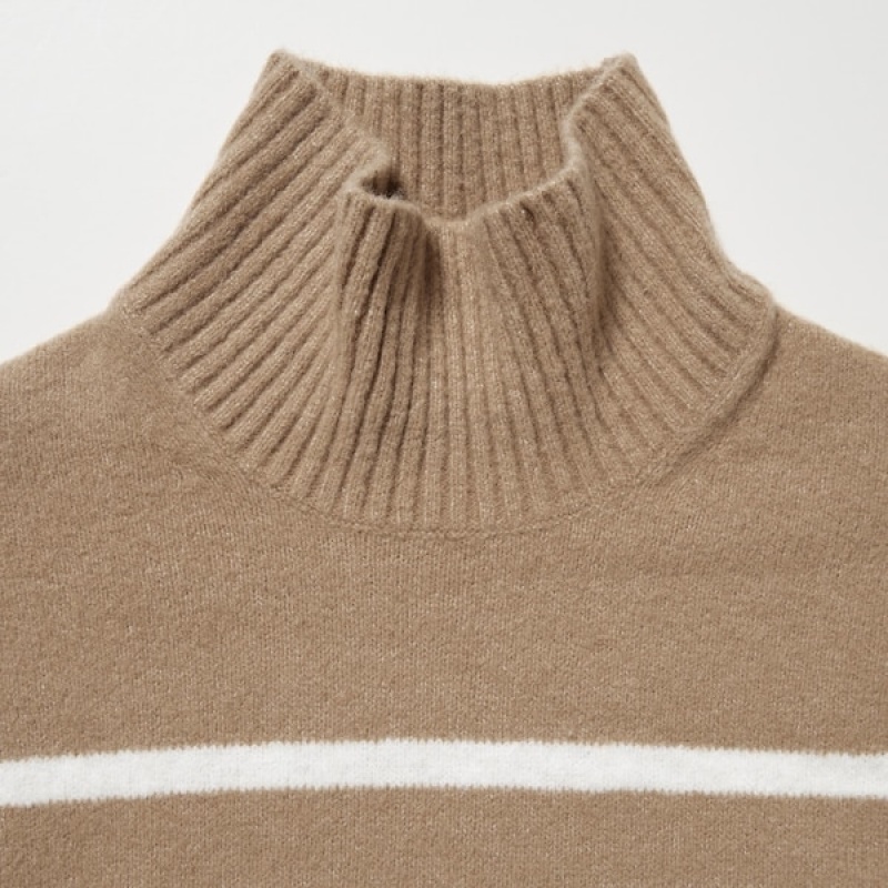 Uniqlo Souffle Yarn Stribet High Neck Long-Sleeve Trøjer Dame Beige | 0482-GASLN