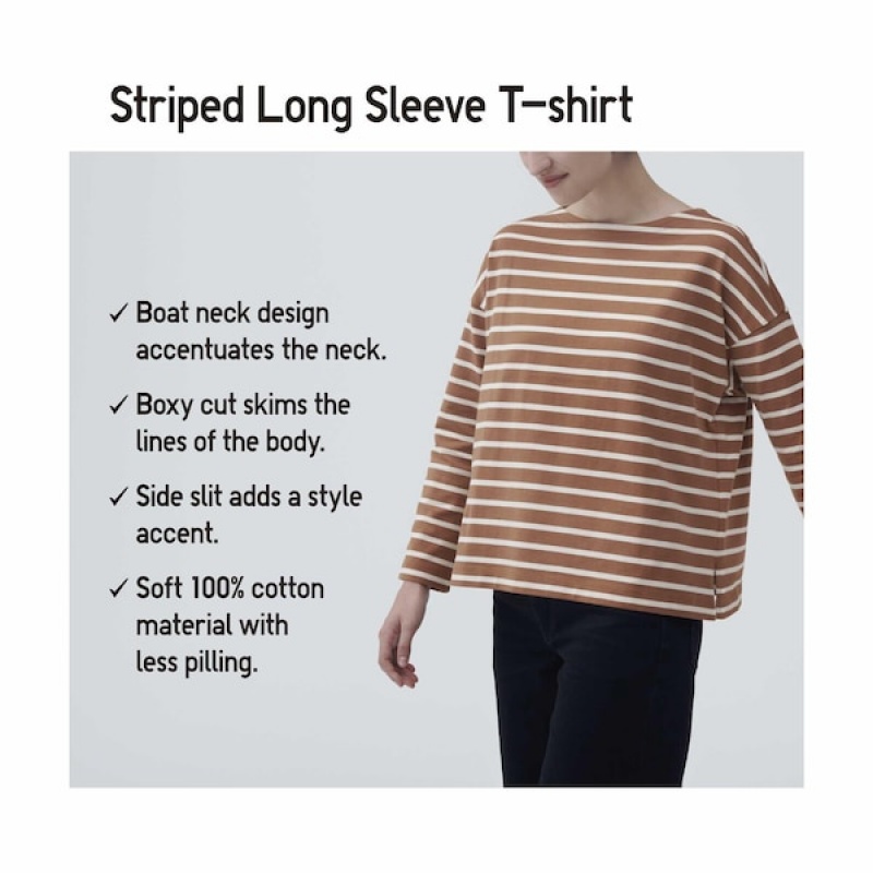 Uniqlo Stribet Long-Sleeve T Shirts Dame Brune | 1756-BTRZP