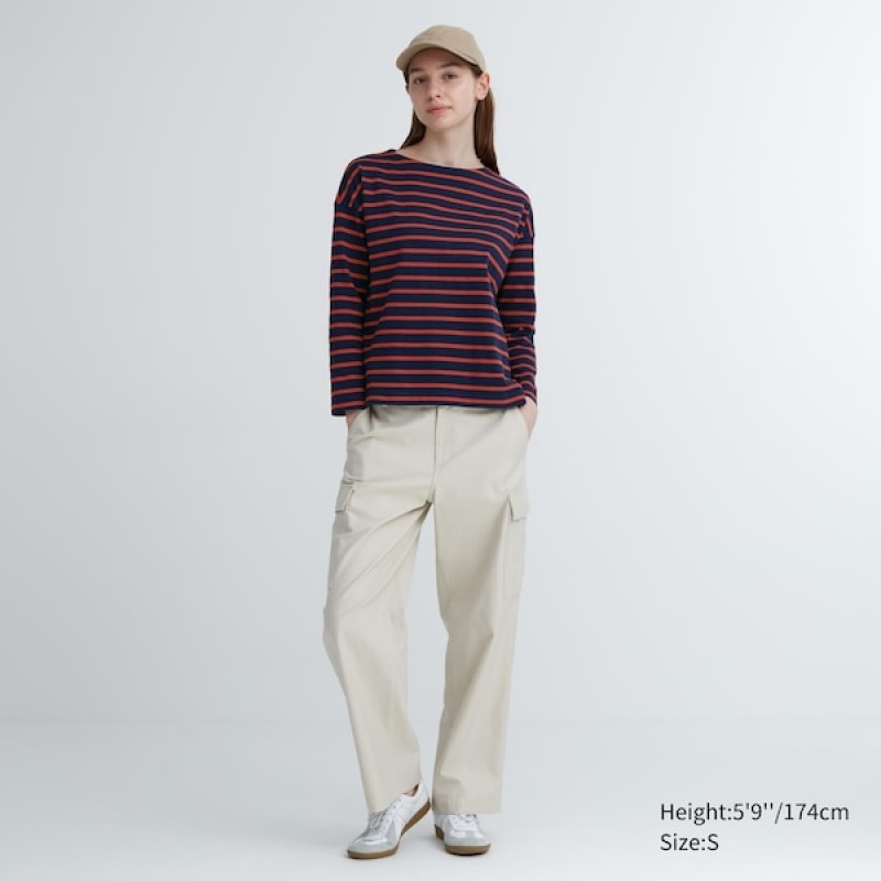 Uniqlo Stribet Long-Sleeve T Shirts Dame Brune | 1756-BTRZP