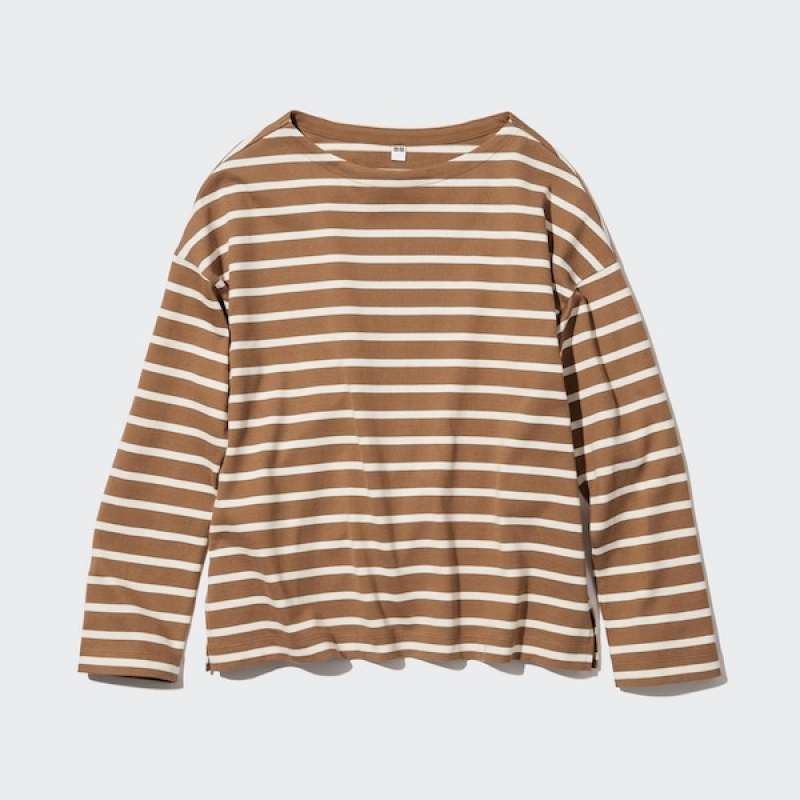 Uniqlo Stribet Long-Sleeve T Shirts Dame Brune | 1756-BTRZP