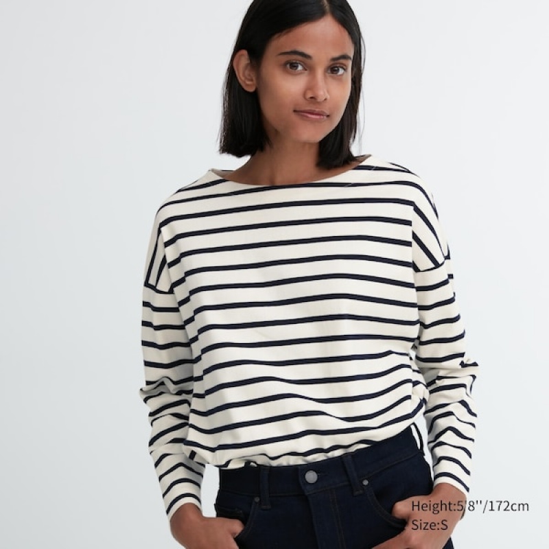 Uniqlo Stribet Long-Sleeve T Shirts Dame Hvide | 9538-NTVUH