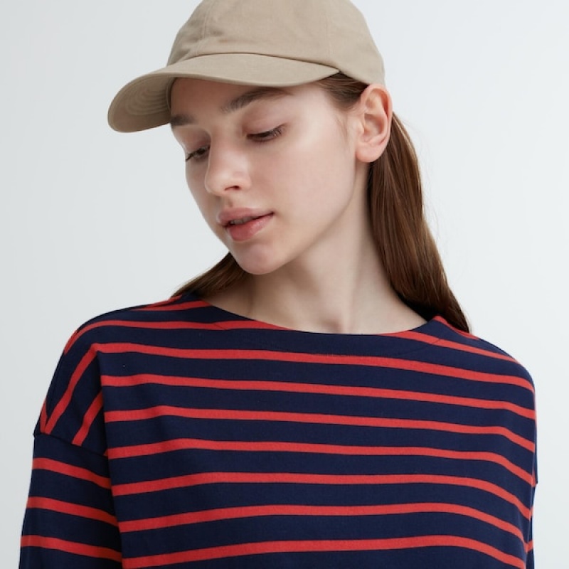 Uniqlo Stribet Long-Sleeve T Shirts Dame Rød | 5823-OTGFW