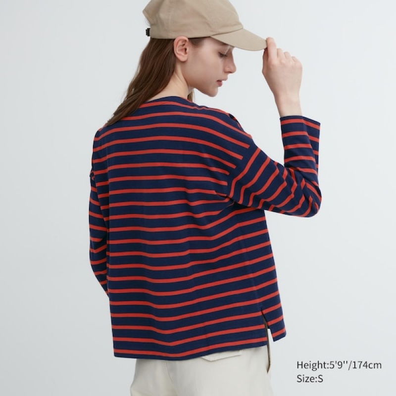 Uniqlo Stribet Long-Sleeve T Shirts Dame Rød | 5823-OTGFW