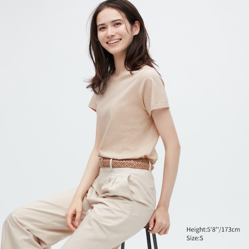 Uniqlo Supima® Bomulds Crew Neck Kort-Sleeve T Shirts Dame Beige | 3089-NRHUL