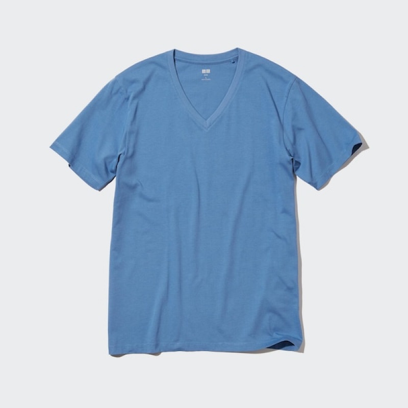 Uniqlo Supima® Bomulds V-Neck Kort-Sleeve T Shirts Herre Blå | 7826-HEMDN