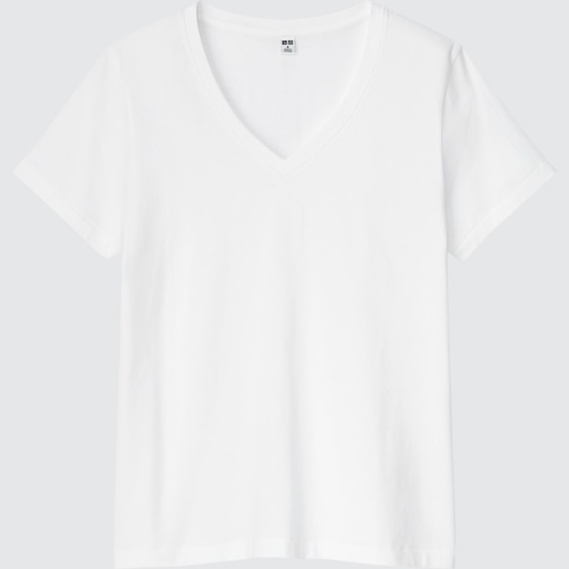 Uniqlo Supima® Bomulds V-Neck Kort-Sleeve T Shirts Dame Hvide | 1698-AFGJU