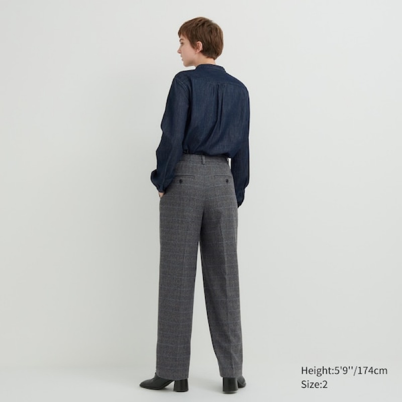 Uniqlo Tweed Brede-Fit Plisseret Bukser Dame Mørkegrå | 1904-UXIFO