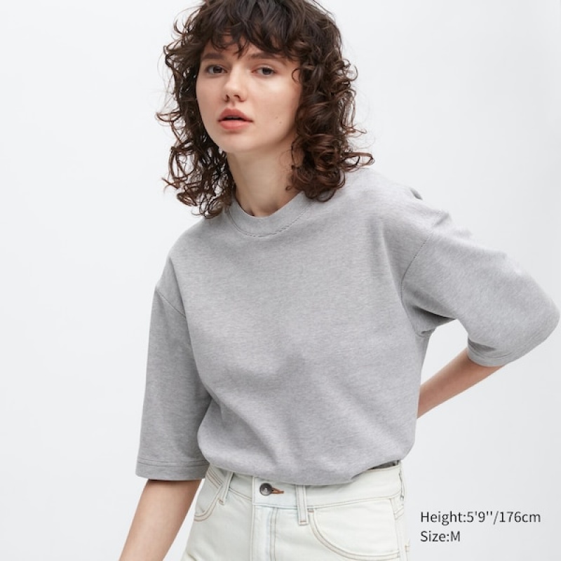 Uniqlo U AIRism Bomulds Stribet Crew Neck Oversized T Shirts Dame Grå | 3489-CIZAQ