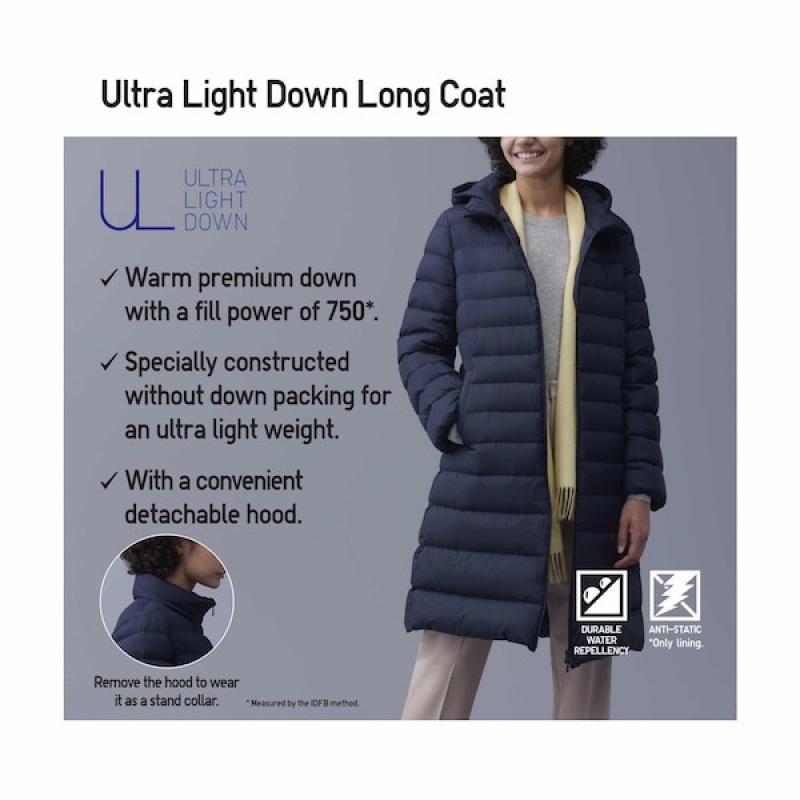 Uniqlo Ultra Light Down Long Frakker Dame Sort | 1907-TIQRX