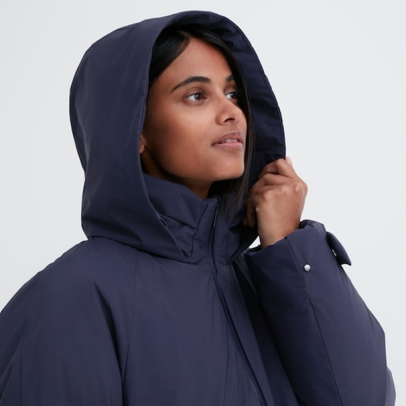 Uniqlo Ultra Warm Hybrid Down Long Frakker Dame Mørkeblå | 1470-EMGVK