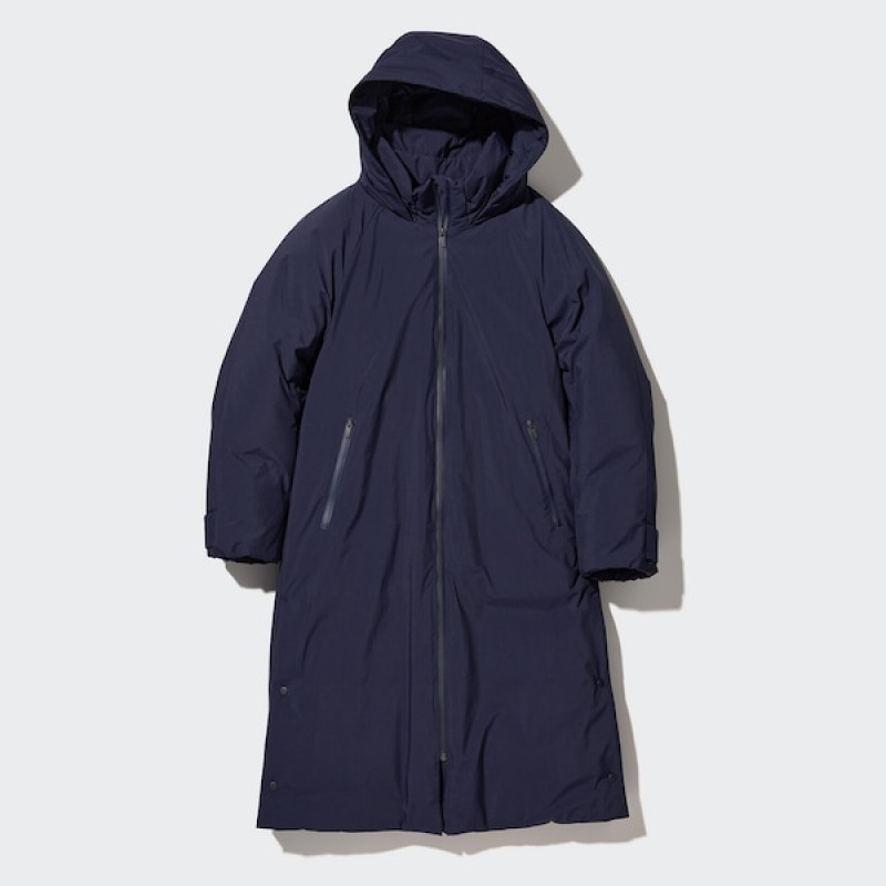 Uniqlo Ultra Warm Hybrid Down Long Frakker Dame Mørkeblå | 1470-EMGVK