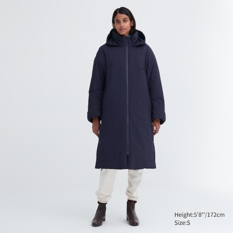 Uniqlo Ultra Warm Hybrid Down Long Frakker Dame Mørkeblå | 1470-EMGVK