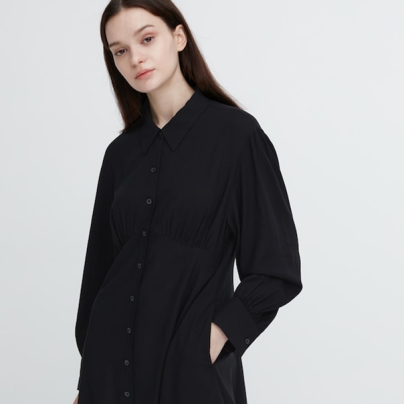 Uniqlo V-Neck Long-Sleeve Mini Shirt Kjole Dame Sort | 5874-UNKSW