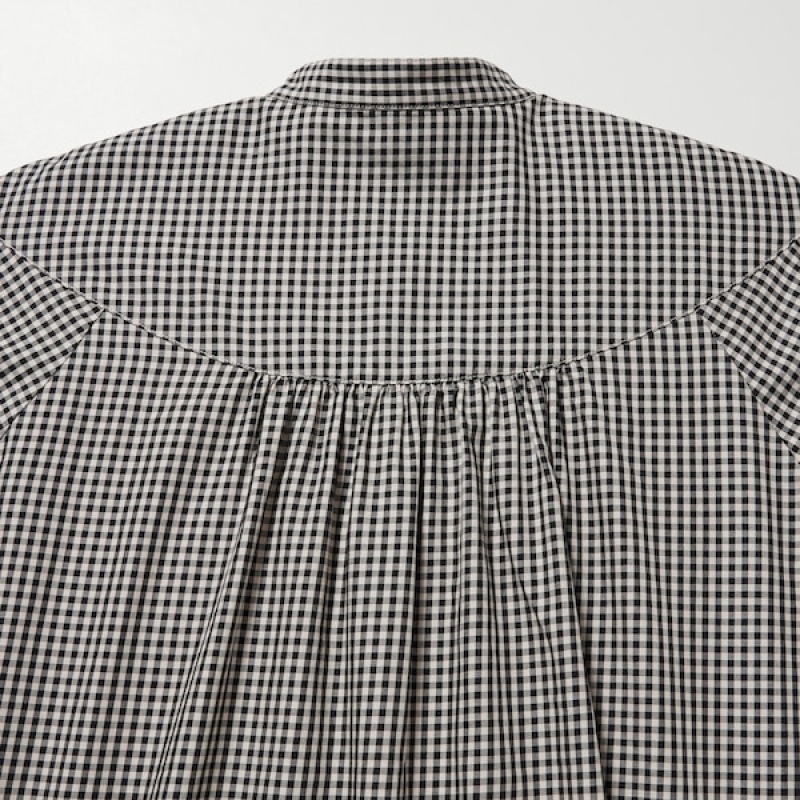 Uniqlo Volume Checked Long-Sleeve Skjorte Dame Sort | 7439-EHQJO