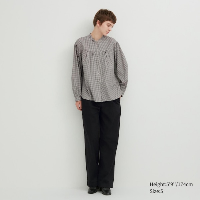 Uniqlo Volume Checked Long-Sleeve Skjorte Dame Sort | 7439-EHQJO