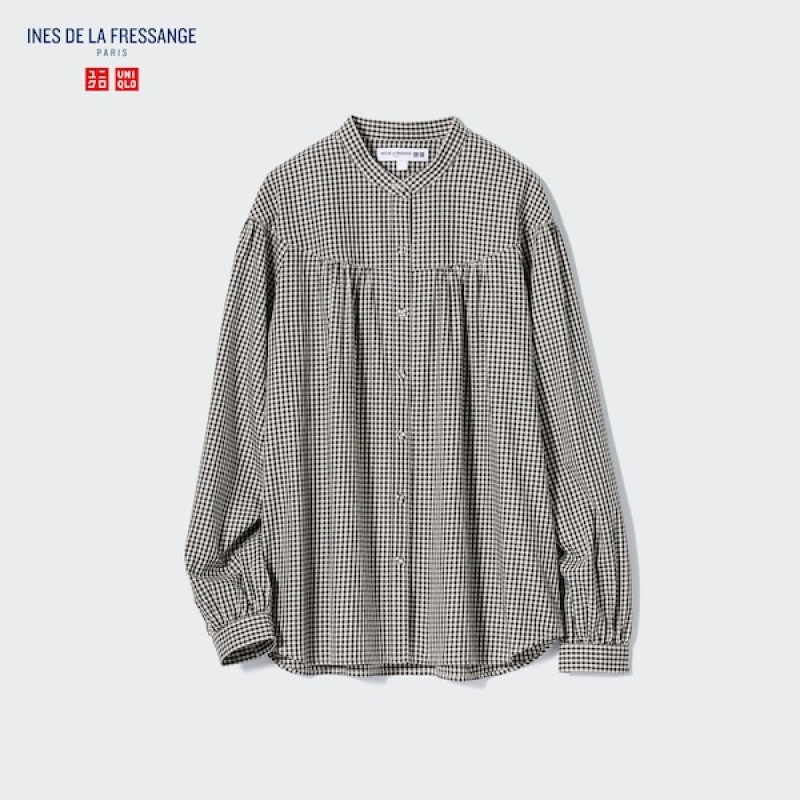 Uniqlo Volume Checked Long-Sleeve Skjorte Dame Sort | 7439-EHQJO