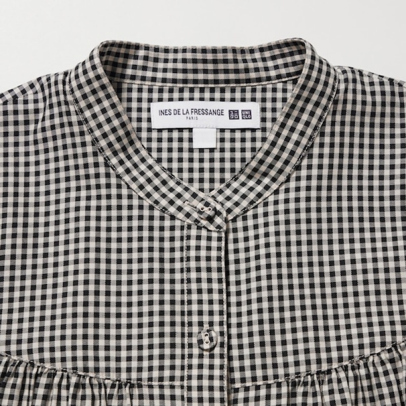 Uniqlo Volume Checked Long-Sleeve Skjorte Dame Sort | 7439-EHQJO