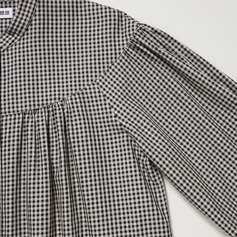 Uniqlo Volume Checked Long-Sleeve Skjorte Dame Sort | 7439-EHQJO