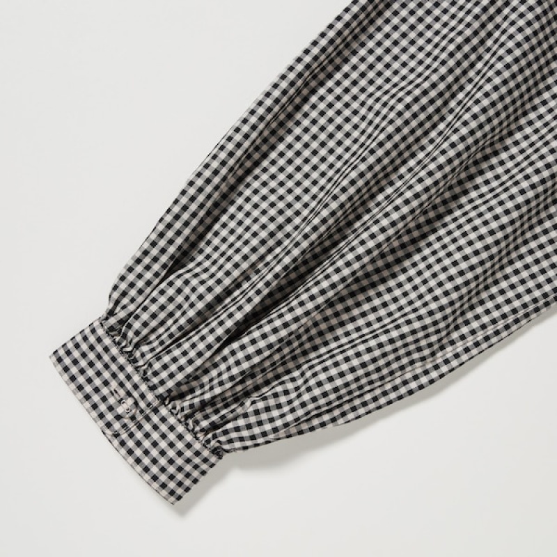 Uniqlo Volume Checked Long-Sleeve Skjorte Dame Sort | 7439-EHQJO