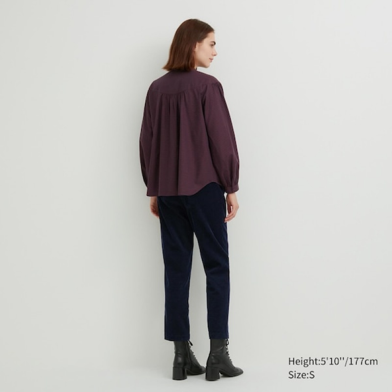 Uniqlo Volume Checked Long-Sleeve Skjorte Dame Bordeaux | 7501-XABON