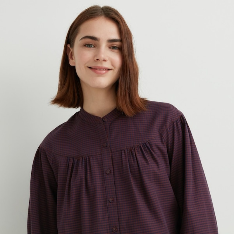 Uniqlo Volume Checked Long-Sleeve Skjorte Dame Bordeaux | 7501-XABON