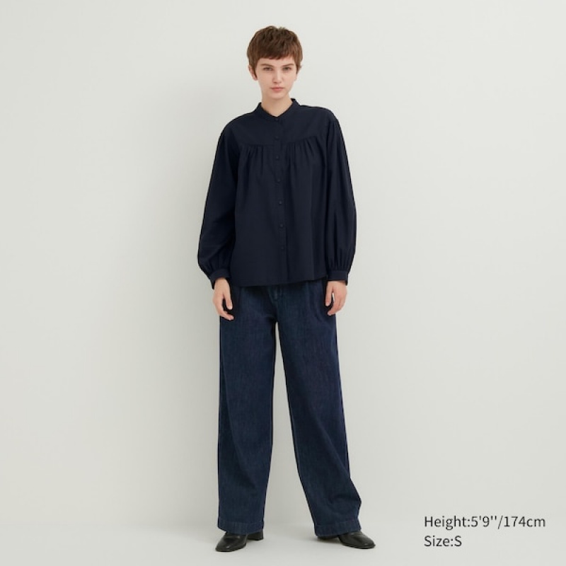 Uniqlo Volume Long Sleeve Skjorte Dame Mørkeblå | 3201-TOACK