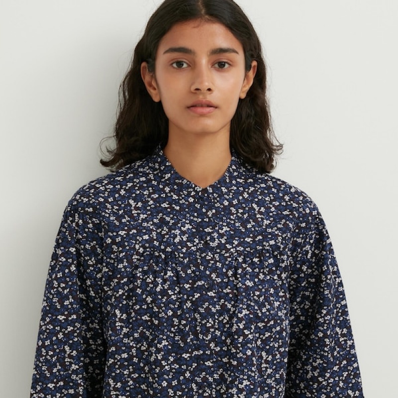 Uniqlo Volume Printed Long-Sleeve Skjorte Dame Blå | 2850-VYCGJ